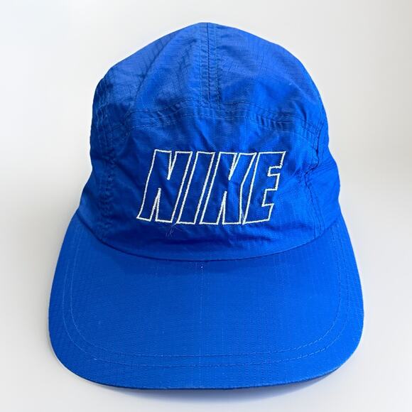 Vintage 90s Nike Mens Blue 5 Panel Nylon Running Strapback Hat White Tags - Picture 1 of 8